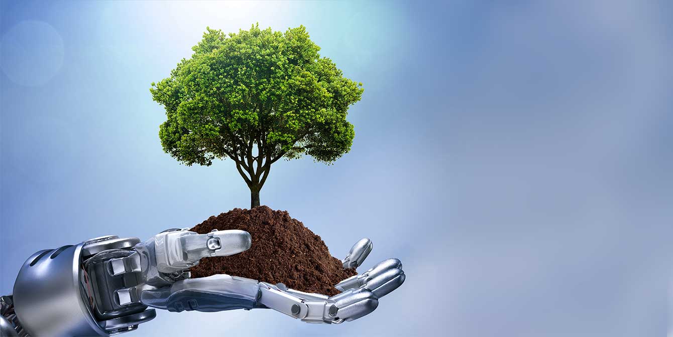 tech robot hand holding green sustainable tree