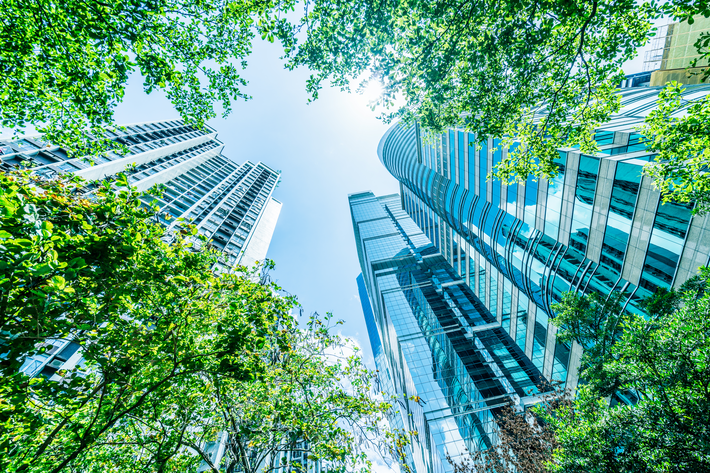 Highrise office buildings with sustainable tech helps the environment.
