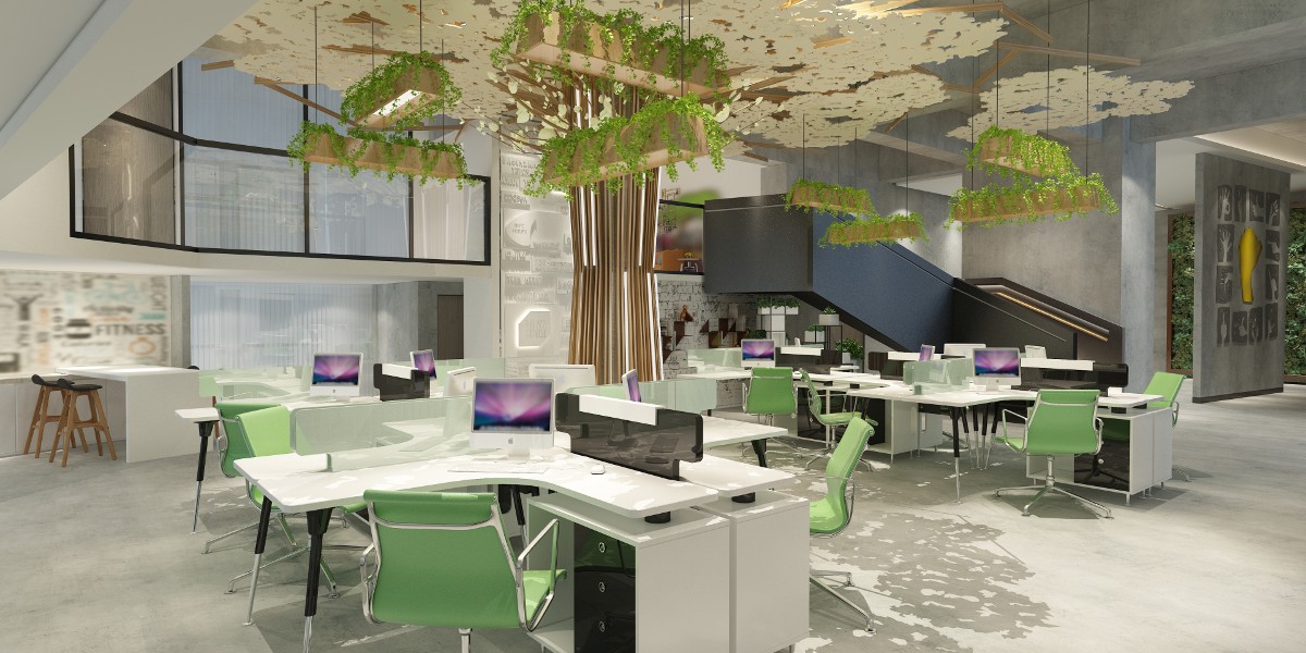 cresustainabilitytrends | JLL Technologies light and bright open plan sustainable office space with planter boxes hanging from the ceiling